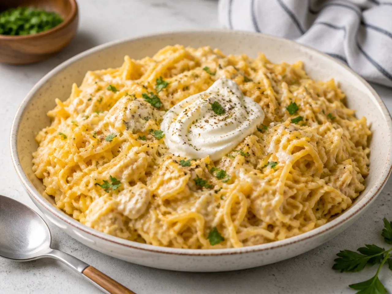 Slow-cooker chicken spaghetti squash served in a bowl with fresh parsley