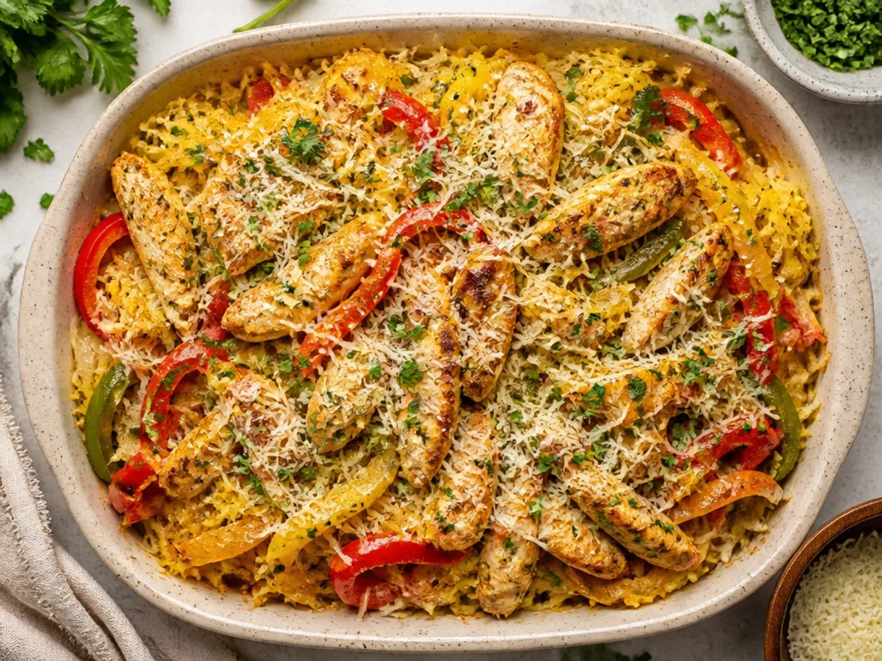 Sheet-pan chicken fajita spaghetti squash with peppers and onions