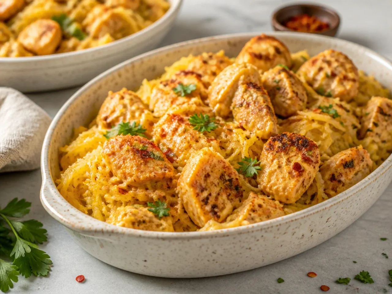 Spicy Cajun chicken spaghetti squash bowl with tomato sauce and jalapeño