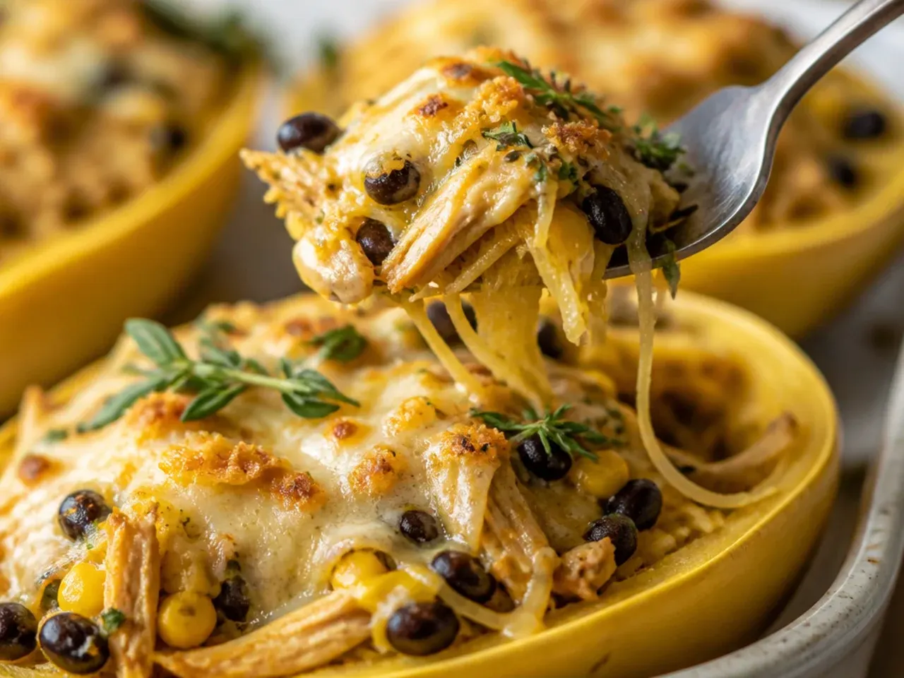 Tex-Mex chicken spaghetti squash boat topped with salsa and crushed tortilla chips