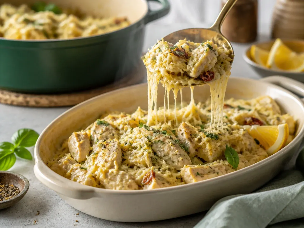 Creamy pesto chicken spaghetti squash with sun-dried tomatoes and pine nuts