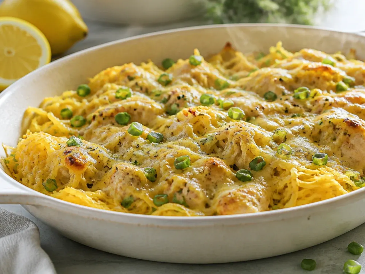 Simple lemon herb chicken spaghetti squash with fresh rosemary and lemon zest