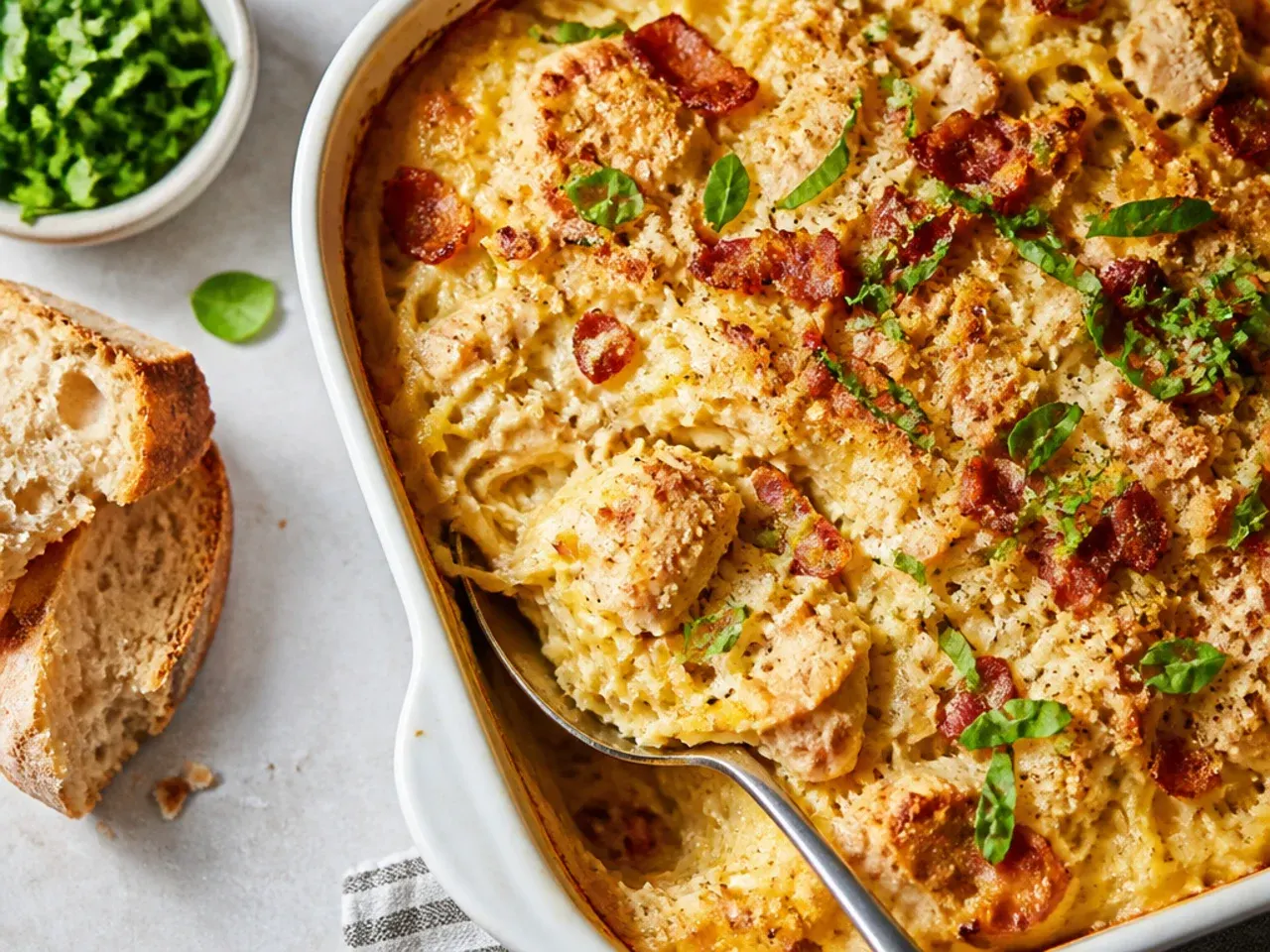 Cheesy chicken and bacon spaghetti squash bake with golden cheese topping