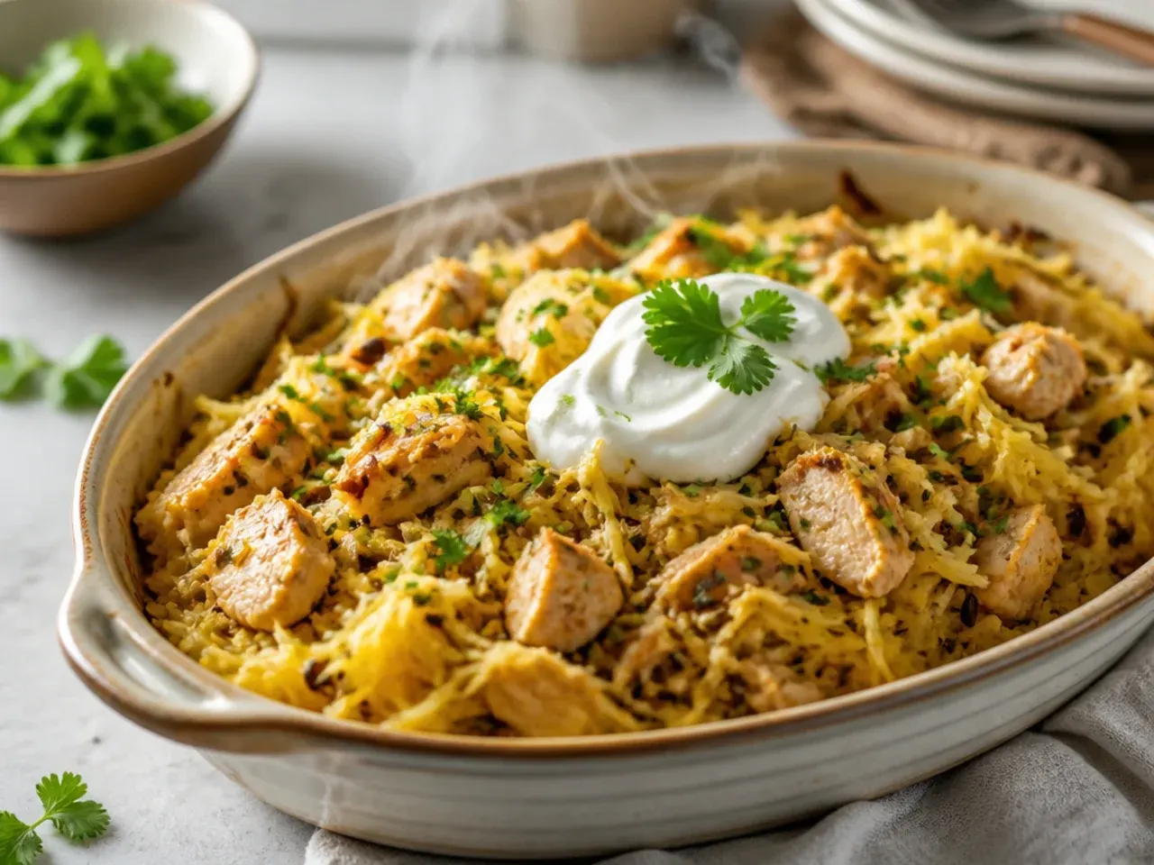 Comforting chicken and wild rice spaghetti squash boat with toasted almonds