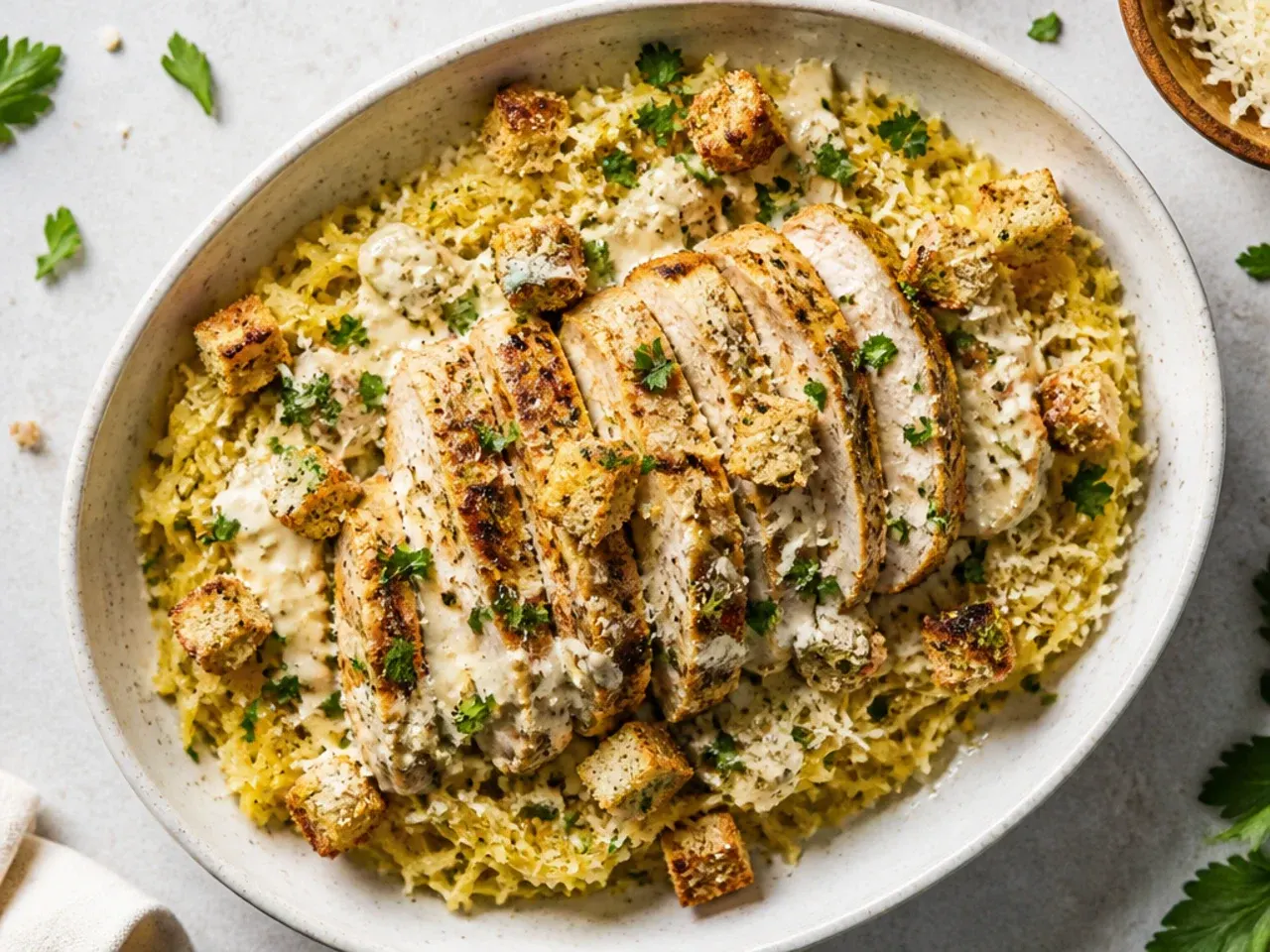 Weeknight chicken Caesar spaghetti squash topped with shaved parmesan and croutons