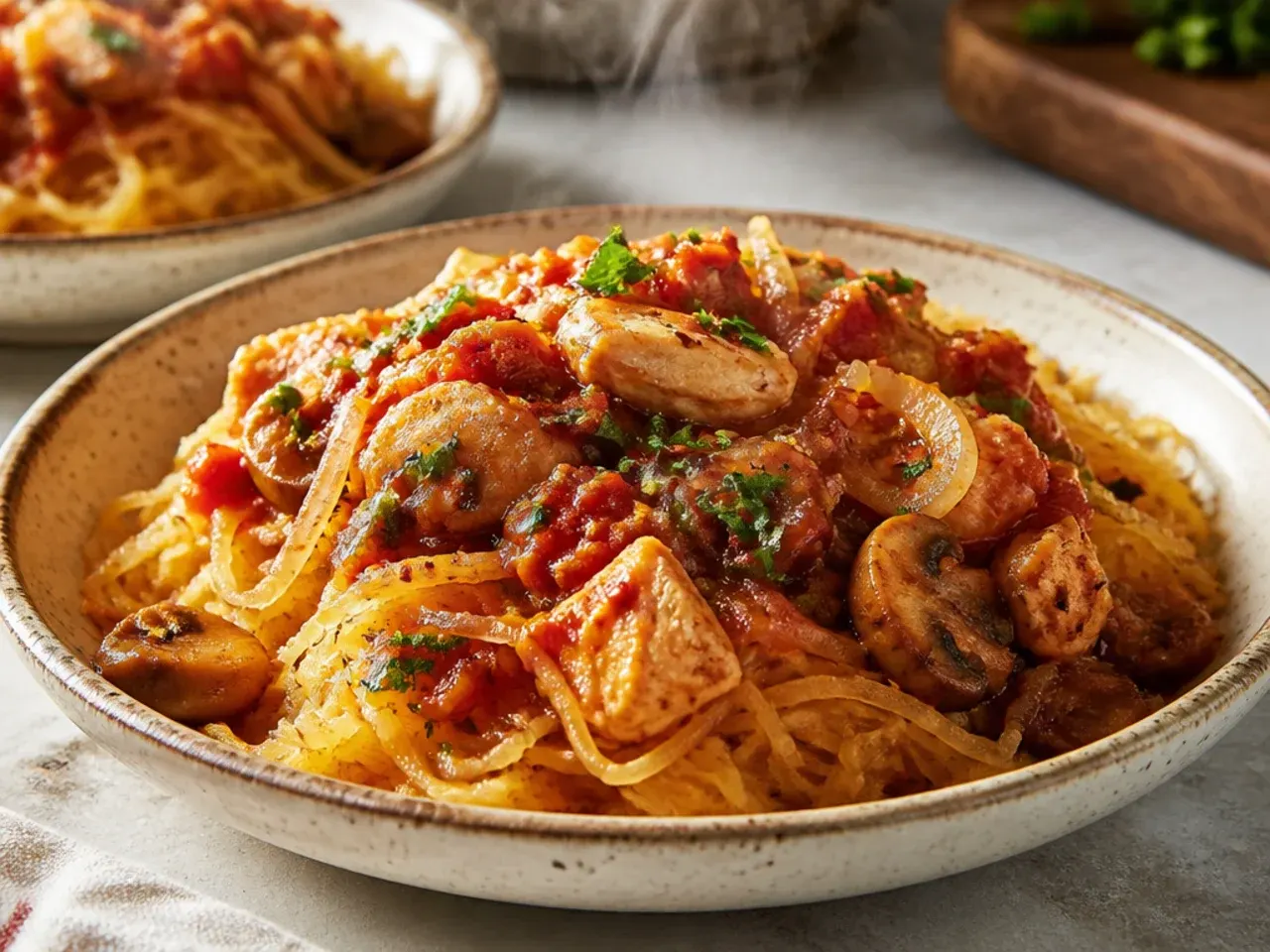 Rustic chicken cacciatore spaghetti squash with olives and fresh basil