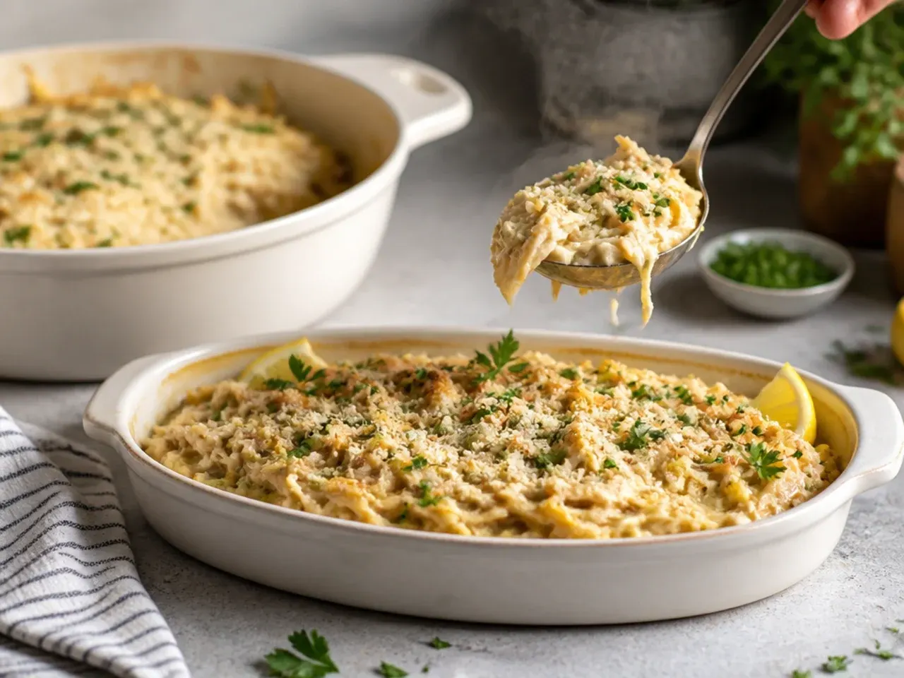 Family chicken tetrazzini spaghetti squash bake with golden breadcrumb topping