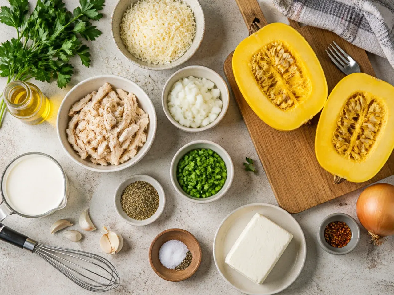 Close-up of a fork shredding roasted spaghetti squash into long strands