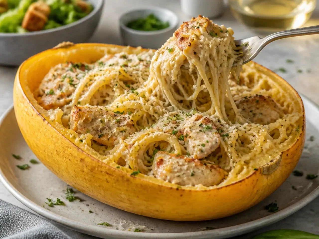 Table set with spaghetti squash chicken boats, side salad, and crusty bread