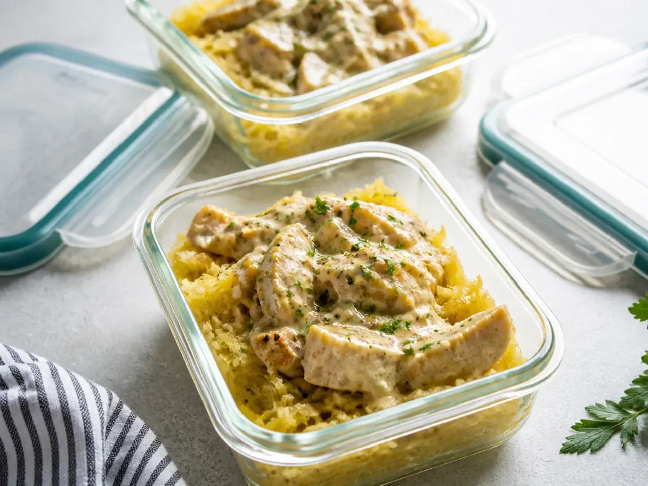 Leftover chicken spaghetti squash portioned into airtight glass containers