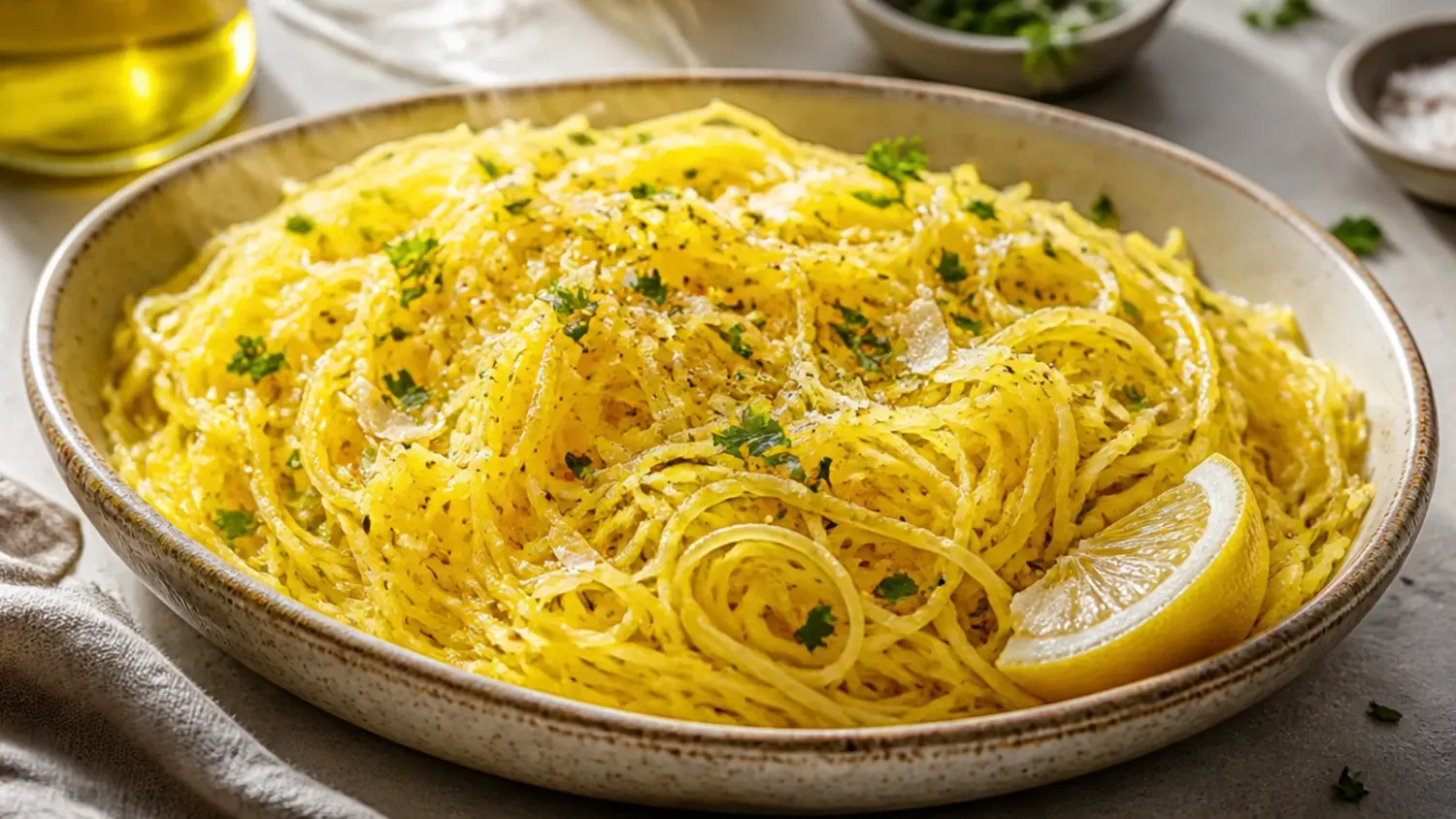 A halved roasted spaghetti squash shredded into golden strands and topped with turkey bolognese sauce and grated Parmesan