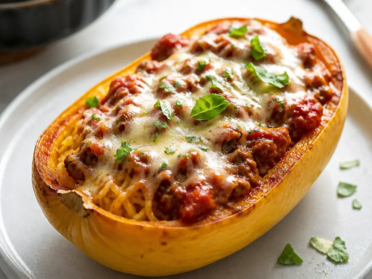 Overhead shot of a roasted spaghetti squash half next to a fork pulling out golden strands