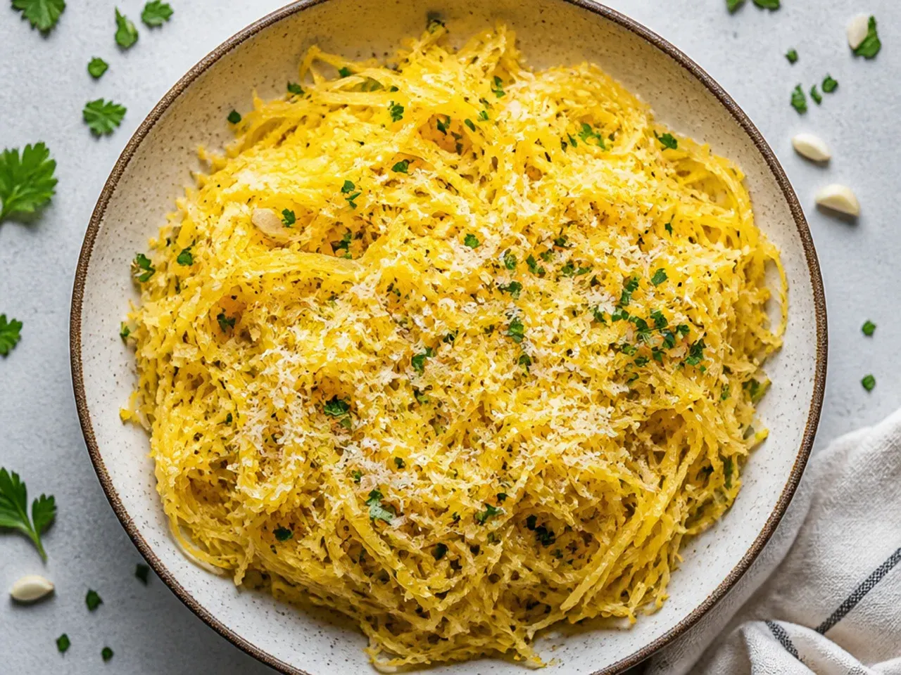 Spaghetti squash strands tossed with melted garlic butter and Parmesan in the roasted shell