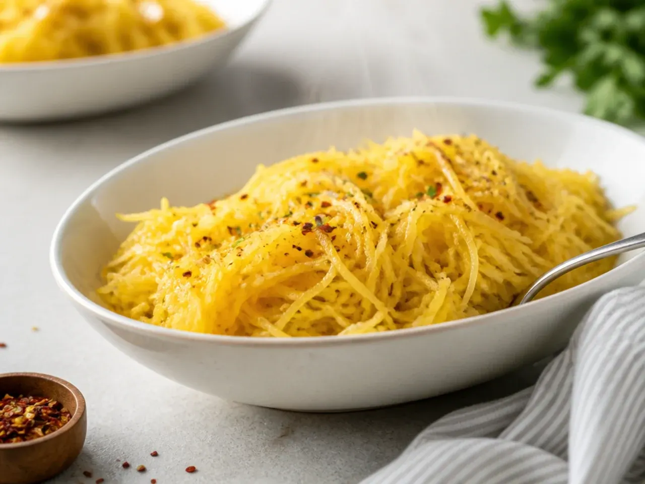 Plain roasted spaghetti squash half fluffed with a fork, seasoned with just salt and pepper