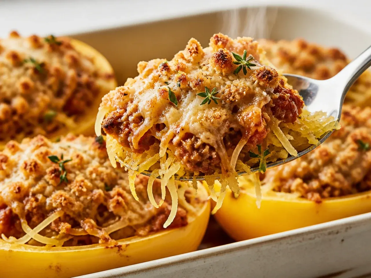 Spaghetti squash boat filled with turkey bolognese sauce and melted Parmesan