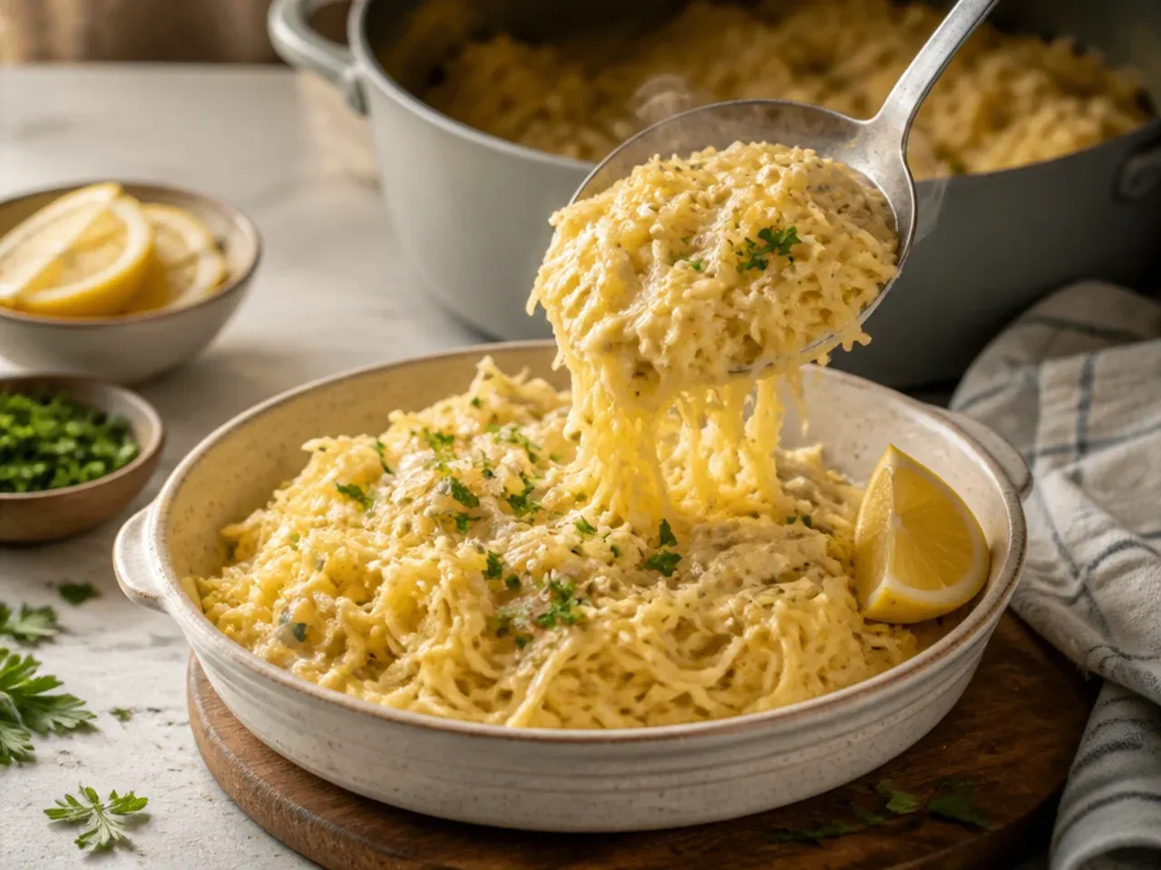 Creamy Alfredo sauce coating spaghetti squash strands in a white bowl