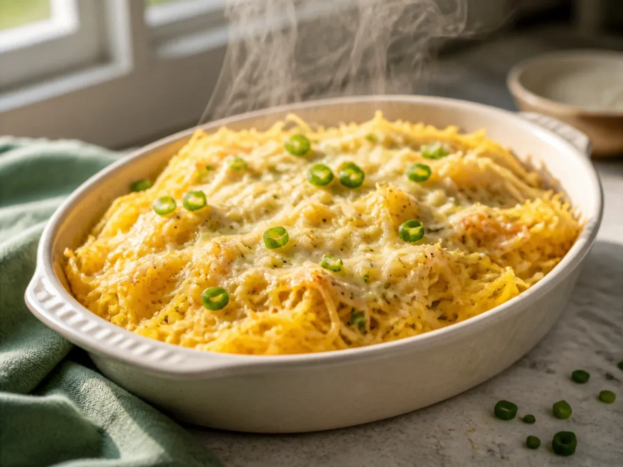 Garlic Parmesan sauce being tossed through spaghetti squash strands in a skillet