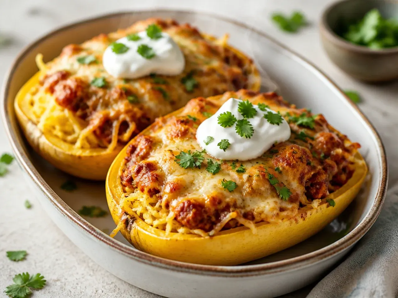 Spaghetti squash lasagna boat layered with ricotta and melted mozzarella