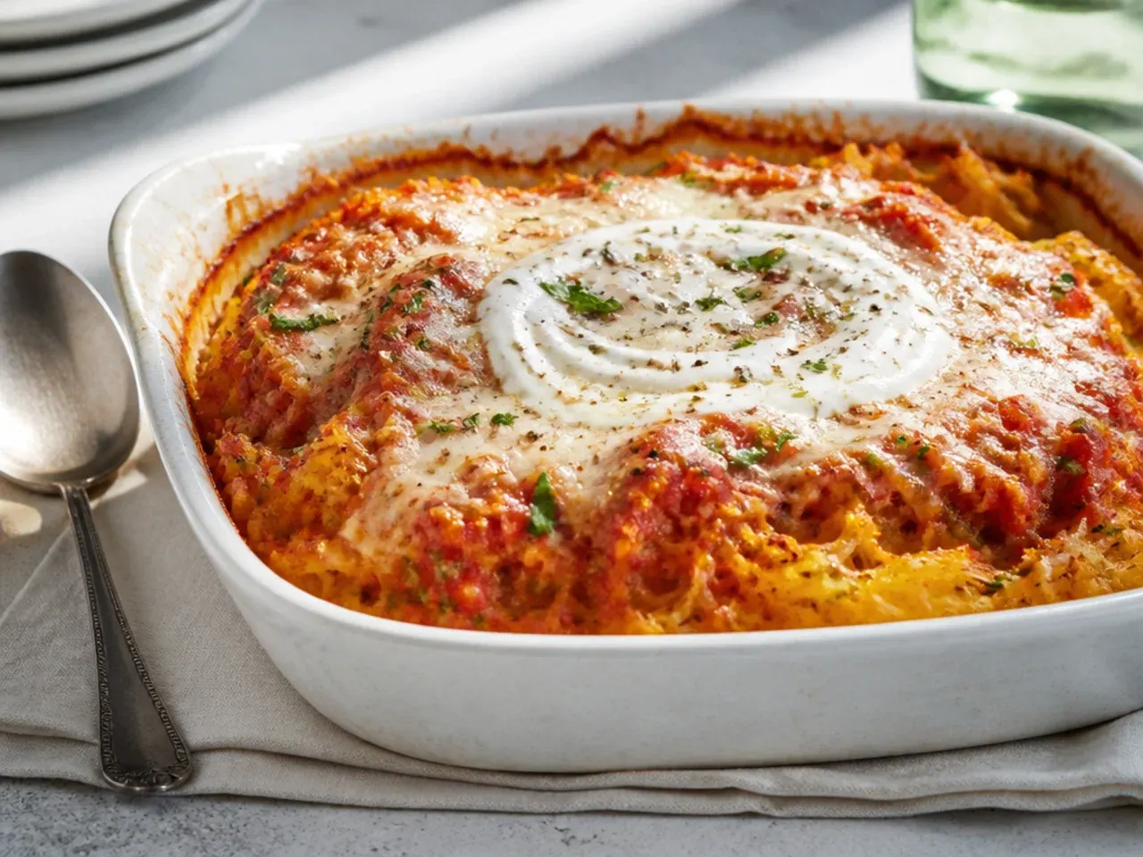 Bubbling spaghetti squash and marinara bake in a ceramic dish topped with melted cheese