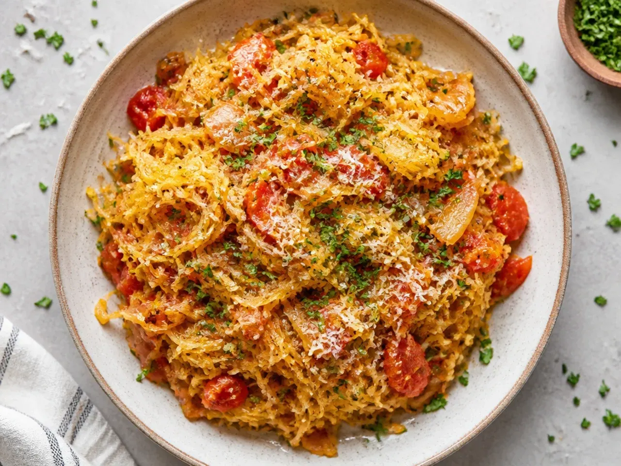 Simple tomato and onion sauce spooned over spaghetti squash strands