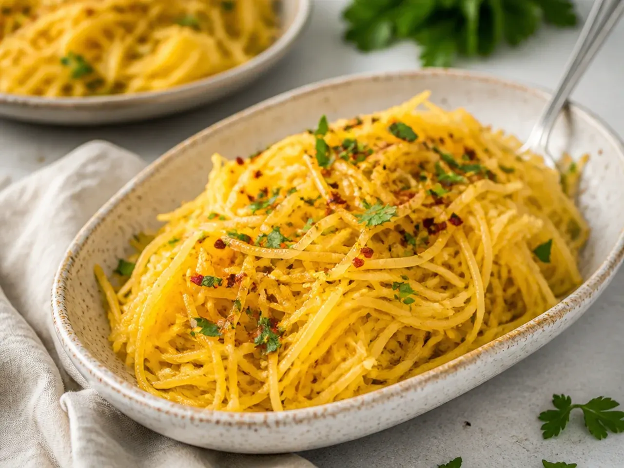 Crispy pancetta pieces stirred through spaghetti squash strands with lemon and Parmesan