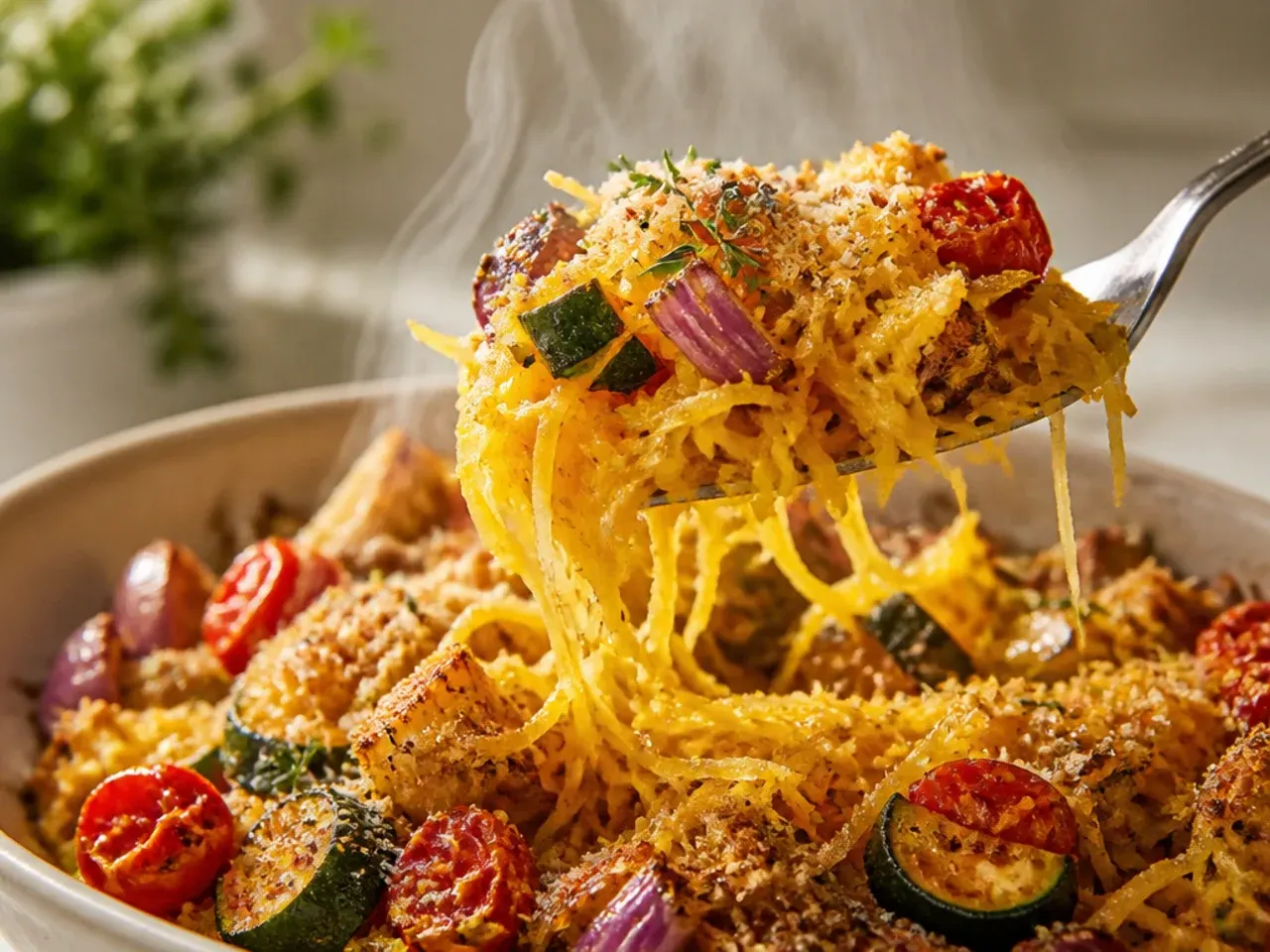 Spaghetti squash strands mixed with roasted courgette, red pepper, and cherry tomatoes