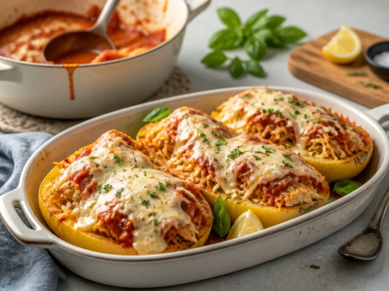 Spaghetti squash boat loaded with shredded chicken, marinara, and golden melted mozzarella