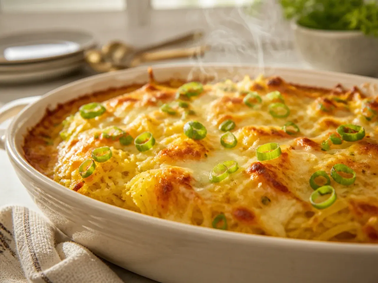 Sliced golden spaghetti squash casserole on a plate showing a set, quiche-like texture