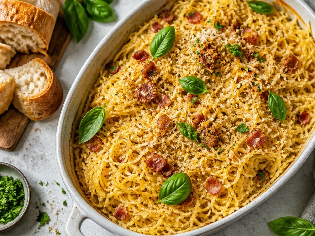 Glossy carbonara-style spaghetti squash strands with crispy pancetta and cracked black pepper