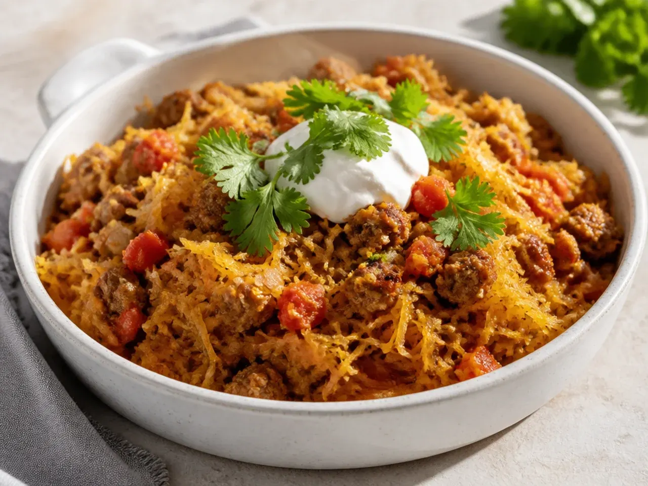 Sliced Italian sausage, peppers, and spaghetti squash strands cooking together in a skillet