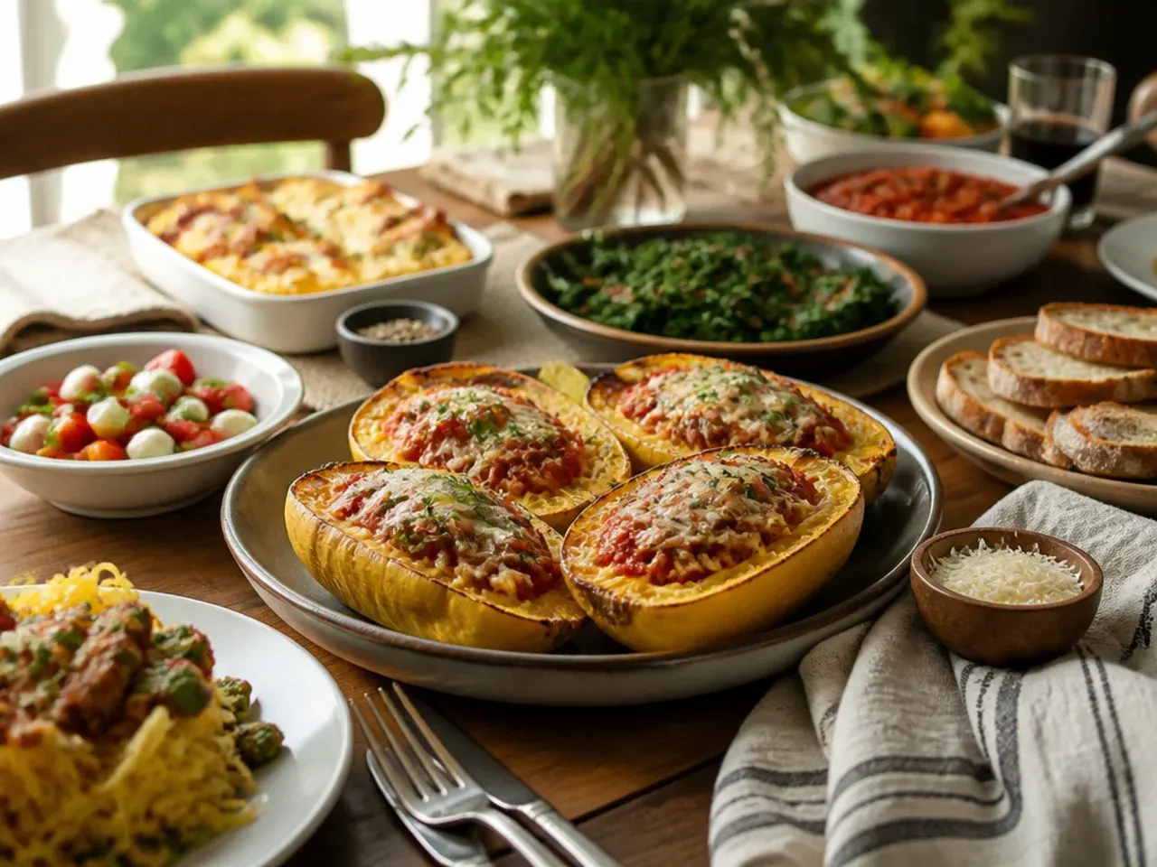 Spaghetti squash dinner served with garlic bread and a green rocket salad on the side