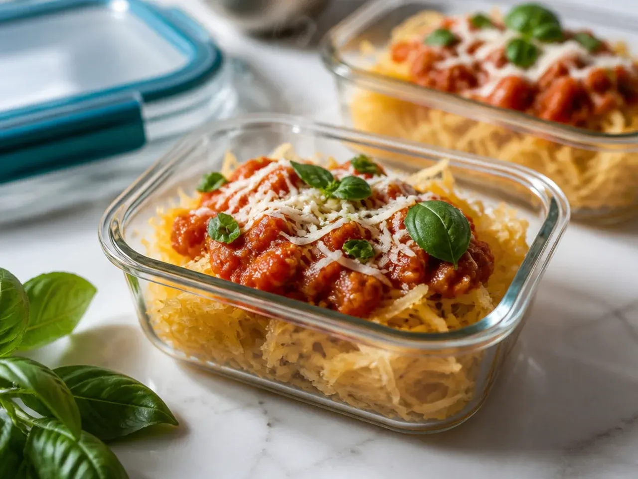 Leftover spaghetti squash strands stored in a glass airtight container in the fridge