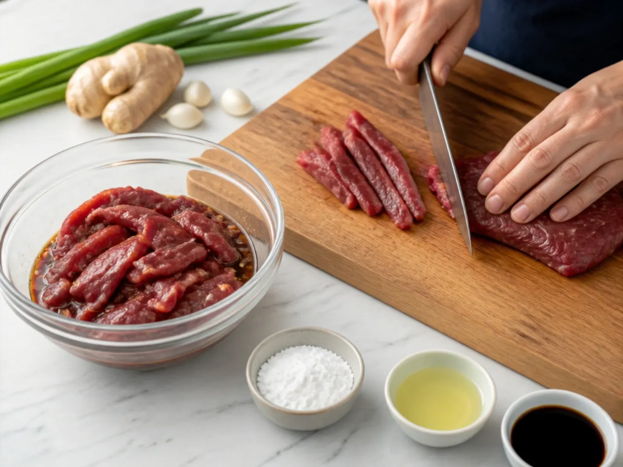 spicy mongolian beef — step 1: slice and marinate the beef
