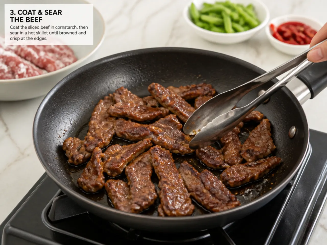 spicy mongolian beef — step 3: coat and sear the beef