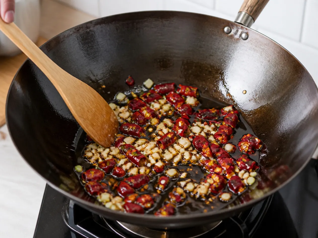 spicy mongolian beef — step 4: bloom the chilies and aromatics