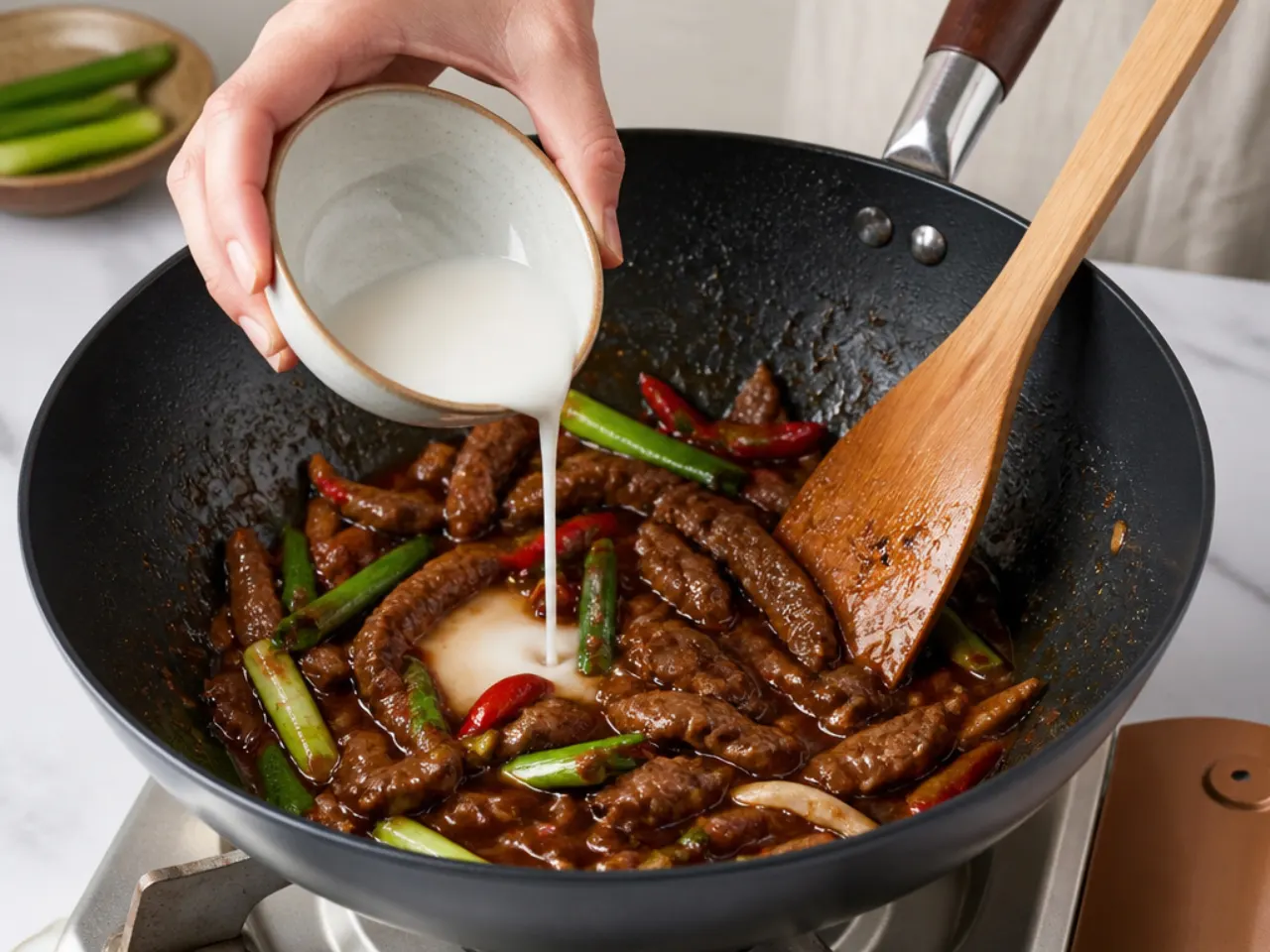 spicy mongolian beef — step 6: thicken with the slurry