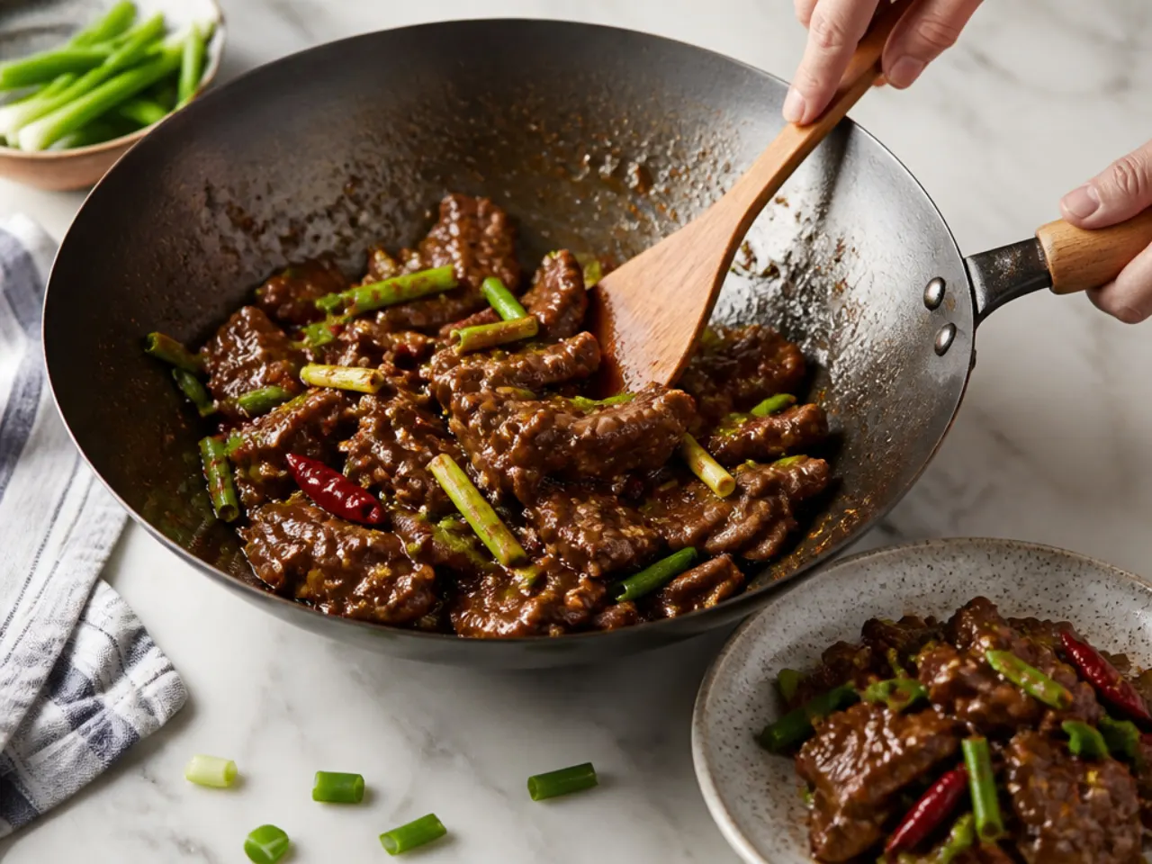 spicy mongolian beef — step 7: toss, finish and serve