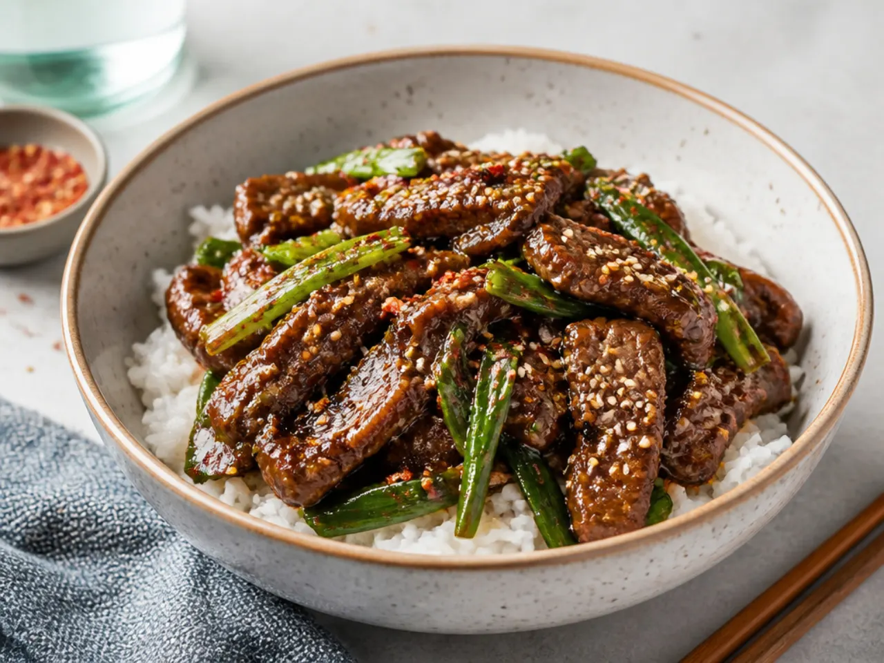 Bowl of spicy Mongolian beef with glossy sauce and scallions over rice