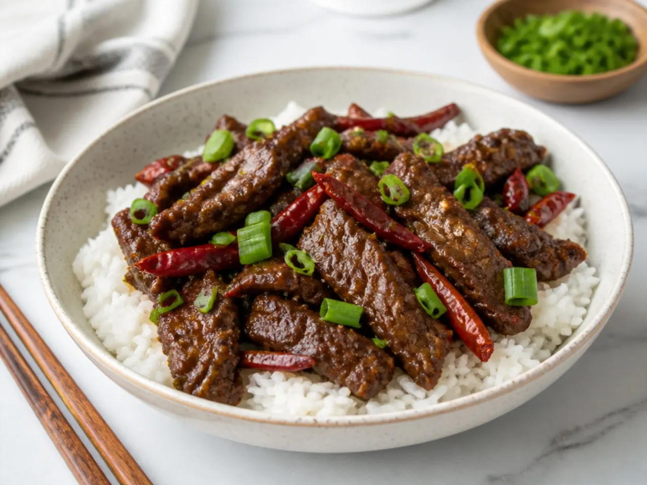 Classic spicy Mongolian beef with dried red chilies over jasmine rice