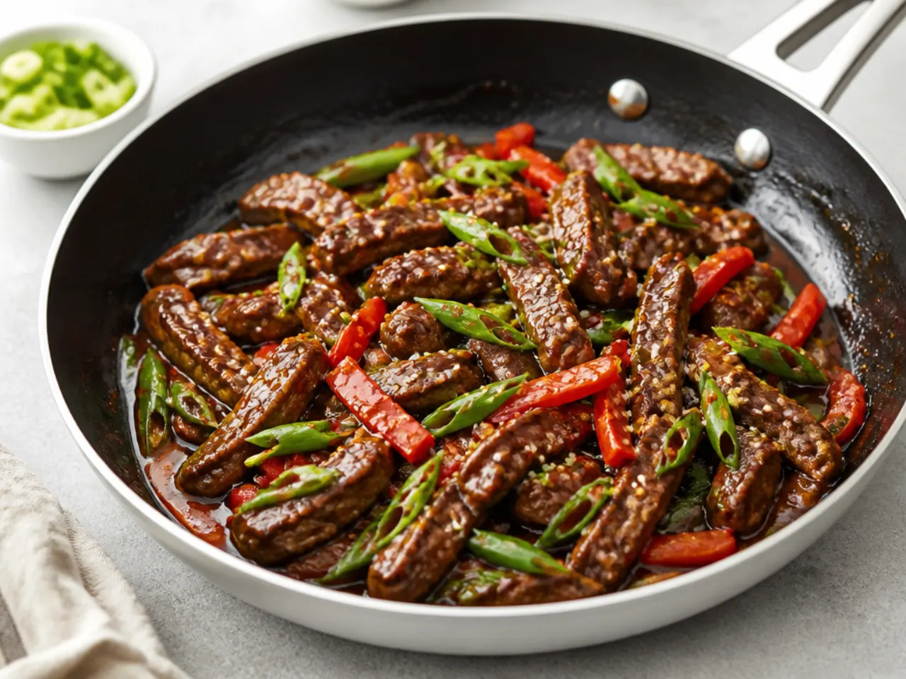 Easy weeknight spicy Mongolian beef stir-fry in a skillet