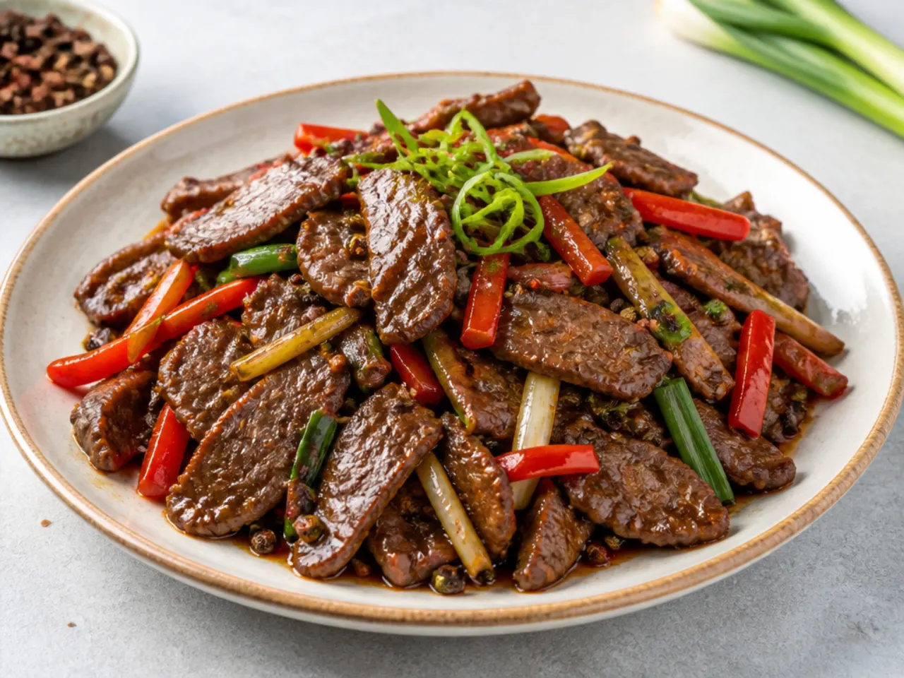 Elegant spicy Mongolian beef tenderloin with Sichuan pepper on a plate