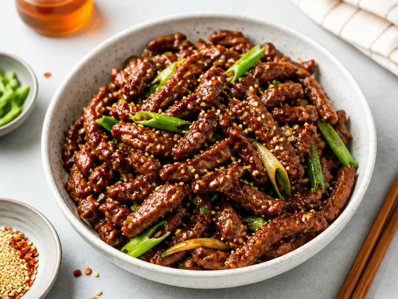 Honey sriracha spicy Mongolian beef with sesame seeds, sweet and spicy