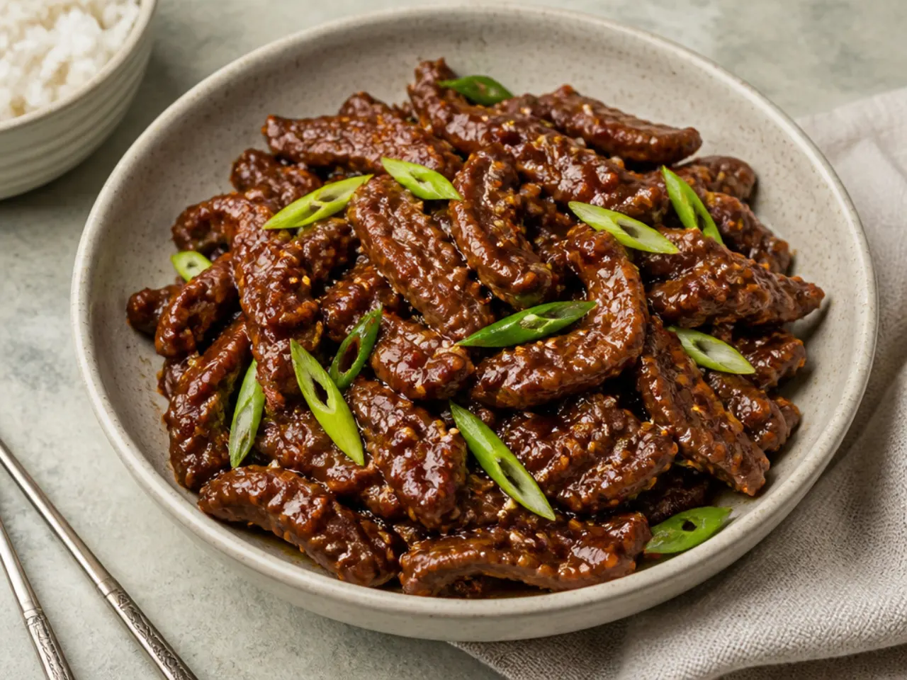 Gochujang Korean-style spicy Mongolian beef with scallions