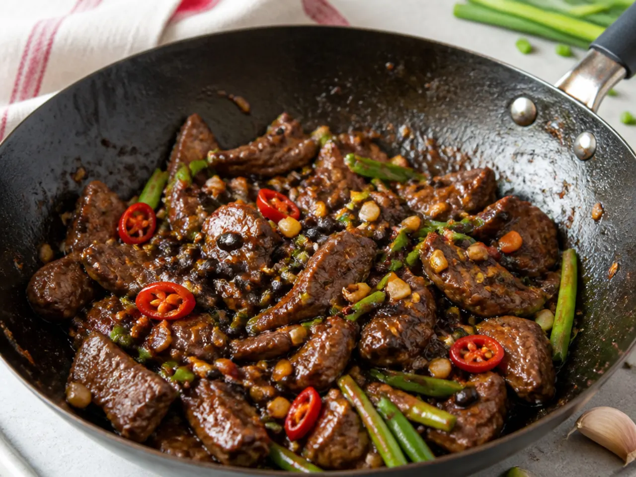 Rustic black bean and garlic spicy Mongolian beef in a wok