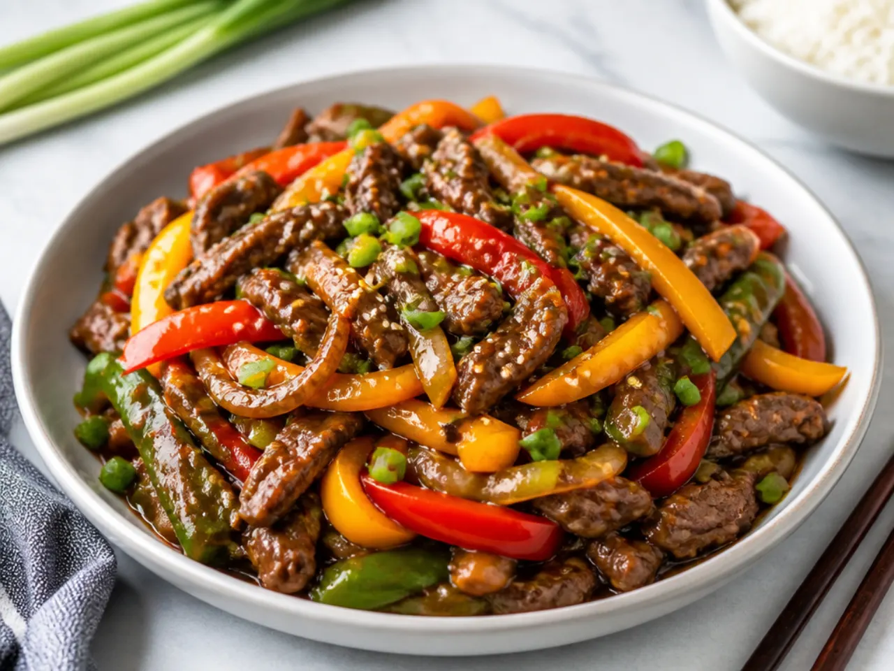 Colorful spicy Mongolian beef stir-fry with rainbow bell peppers