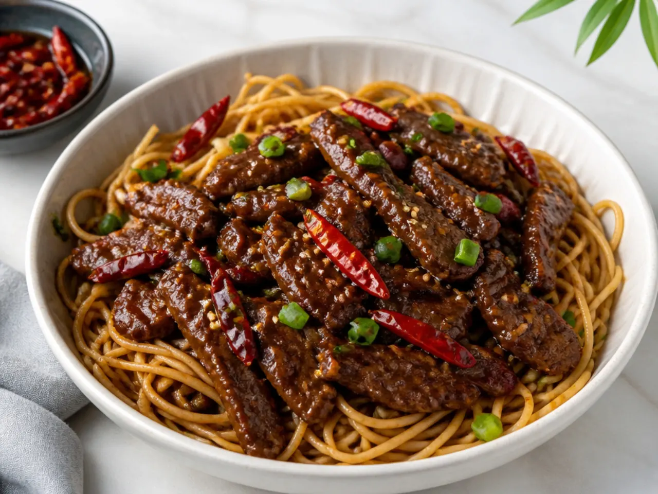 Festive spicy Mongolian beef over longevity noodles with chilies