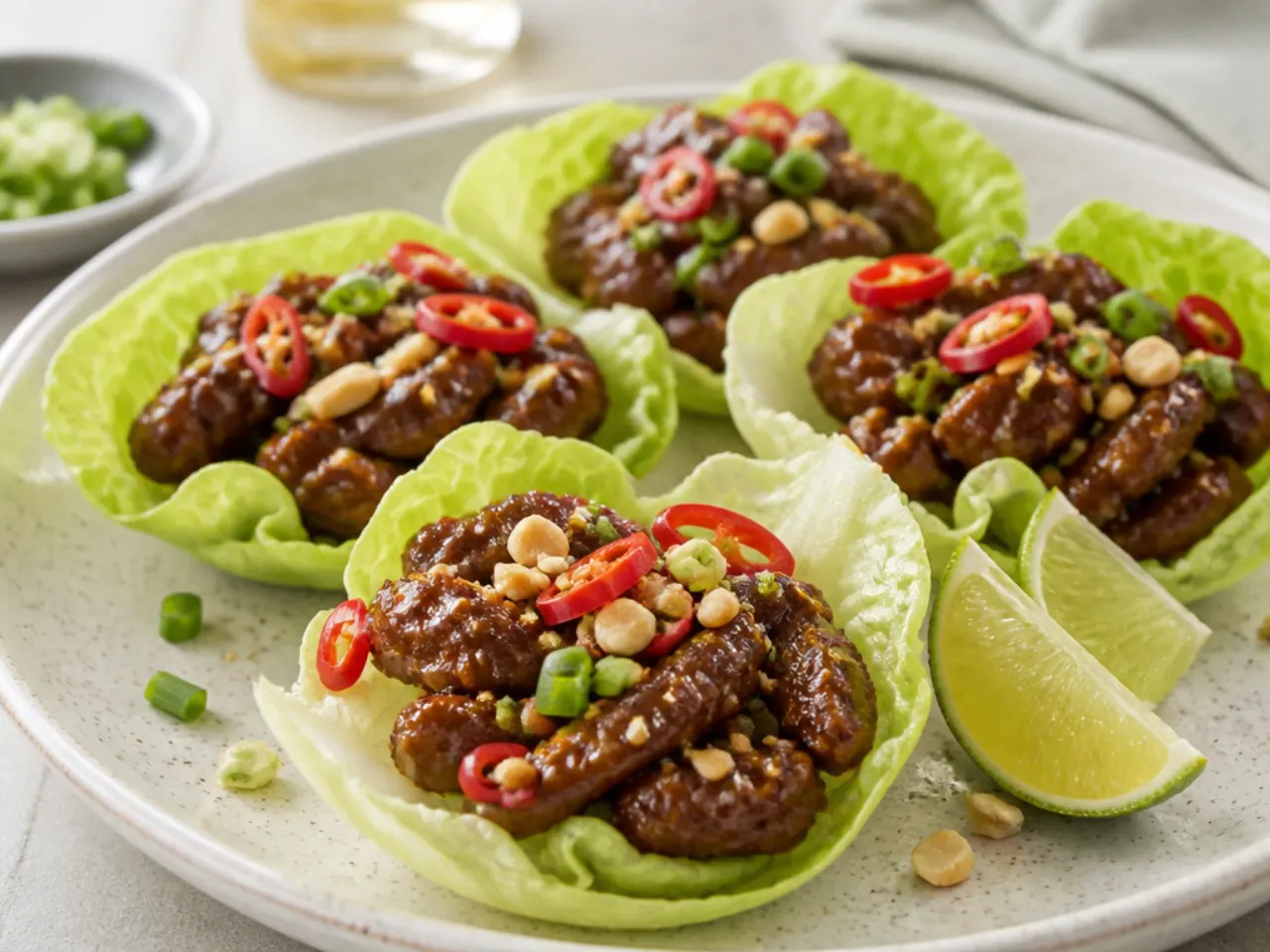 Spicy Mongolian beef lettuce cups with peanuts and lime