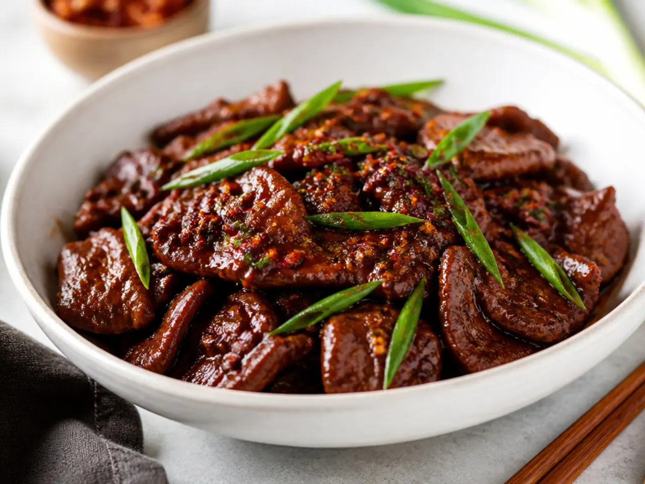 Extra-fiery spicy Mongolian beef finished with chili crisp
