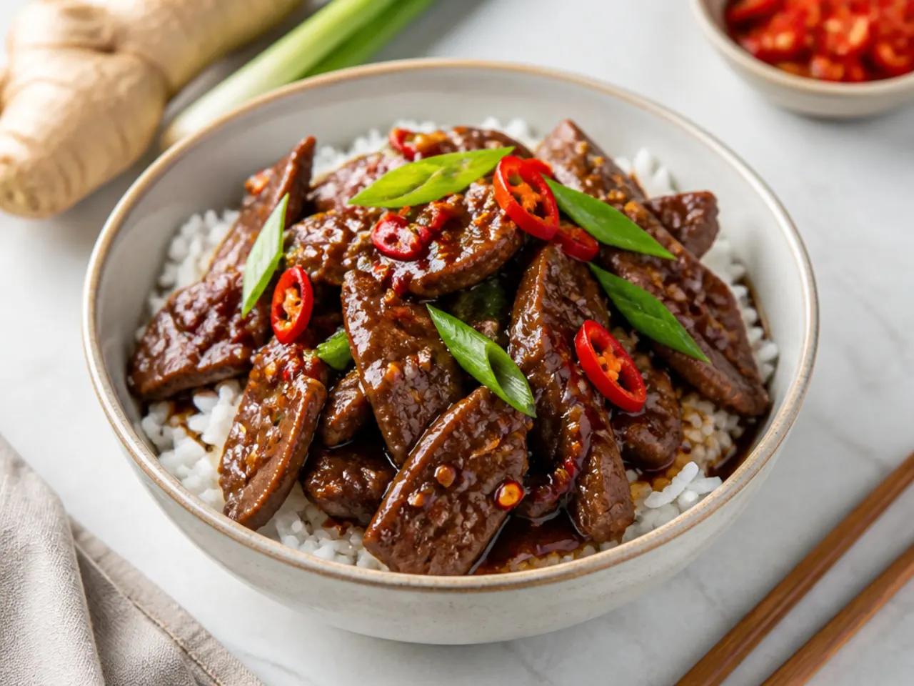 Delicate ginger-scallion spicy Mongolian beef over rice