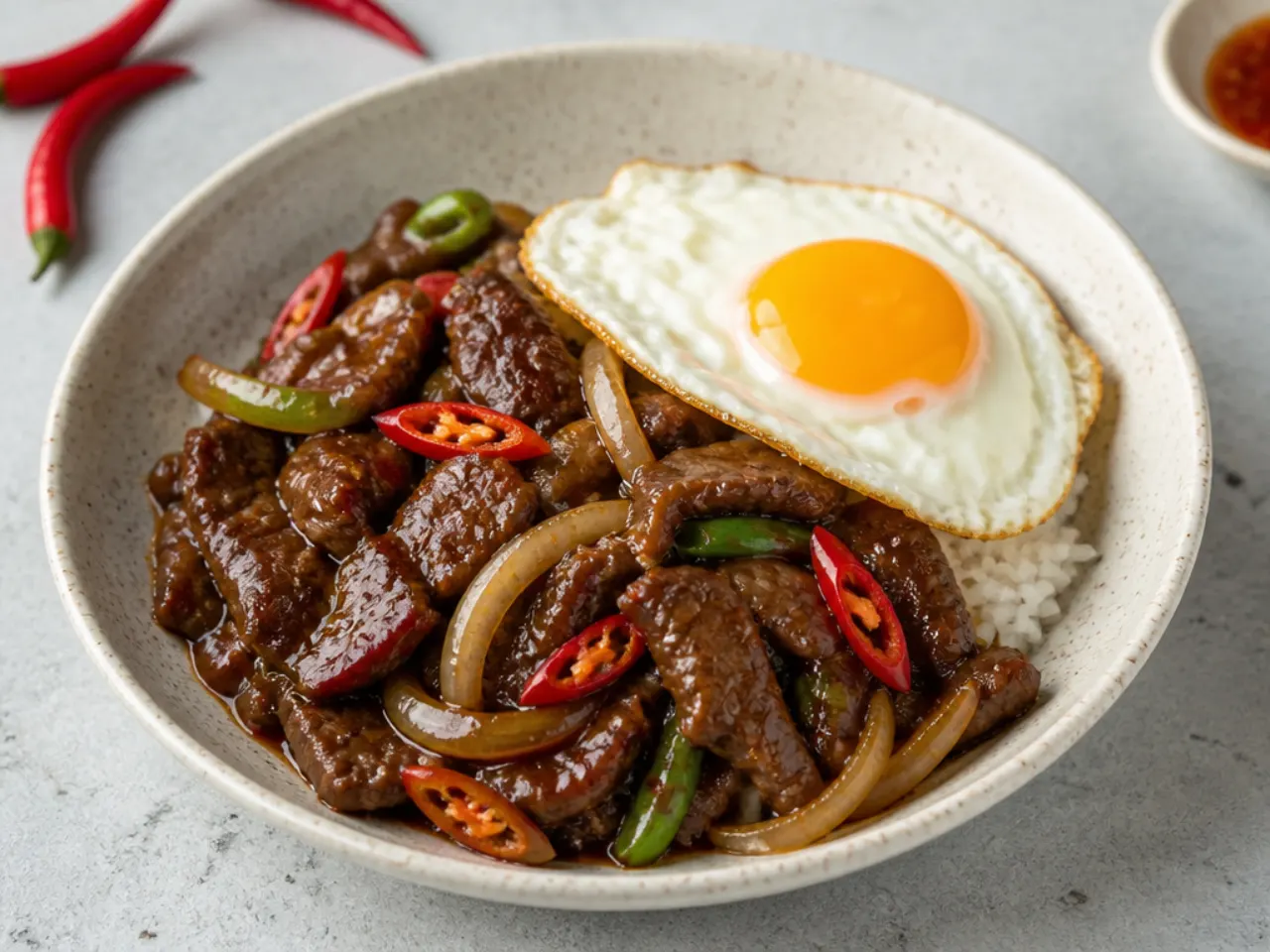 Vintage Cantonese spicy Mongolian beef with oyster sauce and a fried egg